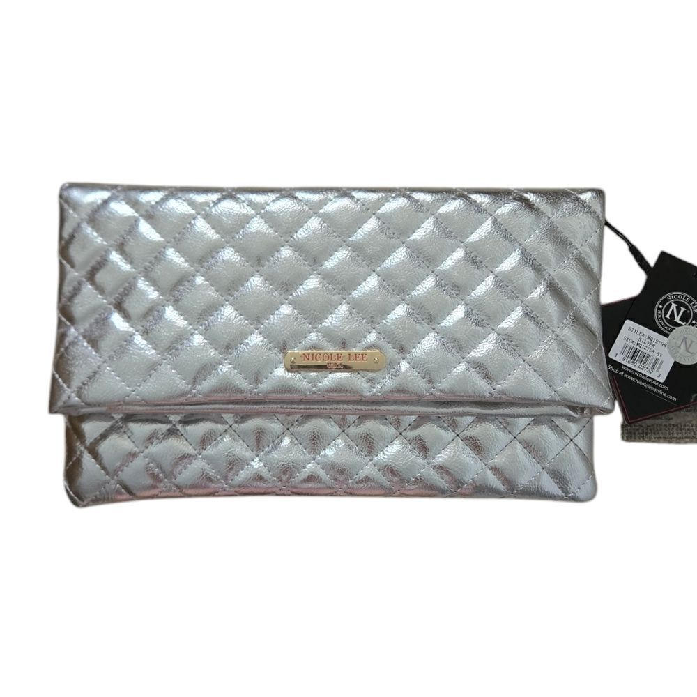 NWT Nicole Lee Silver Quilted Crossbody Clutch